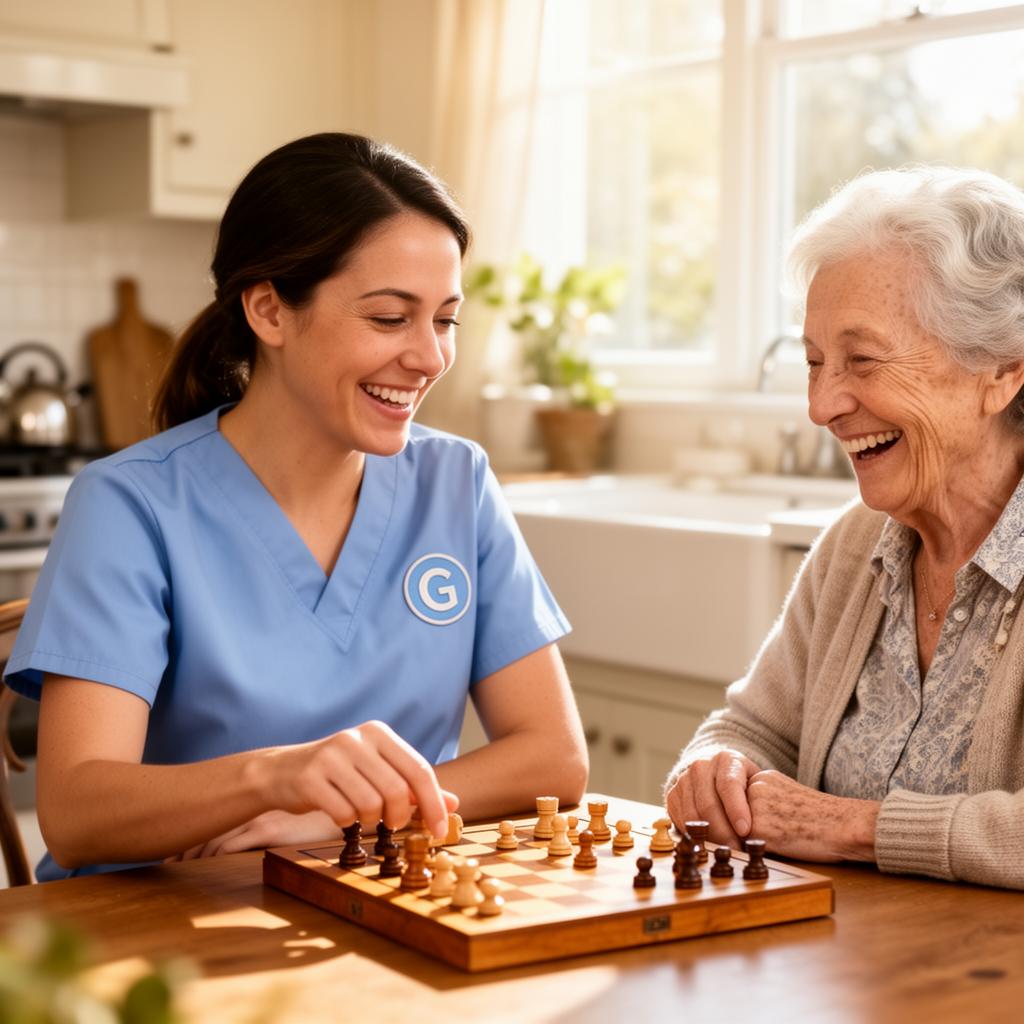 A caregiver in blue scrubs smiling and playing a wooden board game at a sunny kitchen table with an older woman