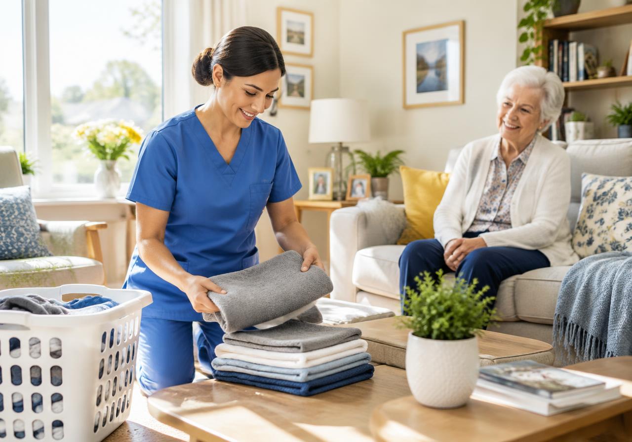 A caregiver in blue scrubs folding towels in a sunny living room while an older woman smiles from the sofa