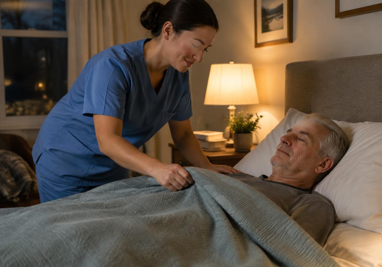 A caregiver in blue scrubs tucking a blanket over an older man resting in bed by soft lamp light