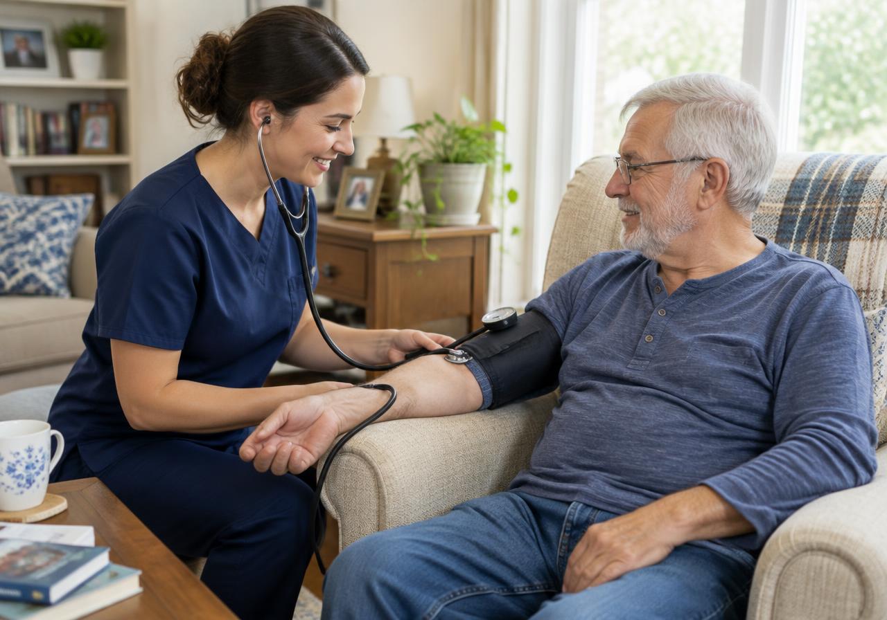 A nurse in navy scrubs checking an older man's blood pressure as he sits in his living room armchair
