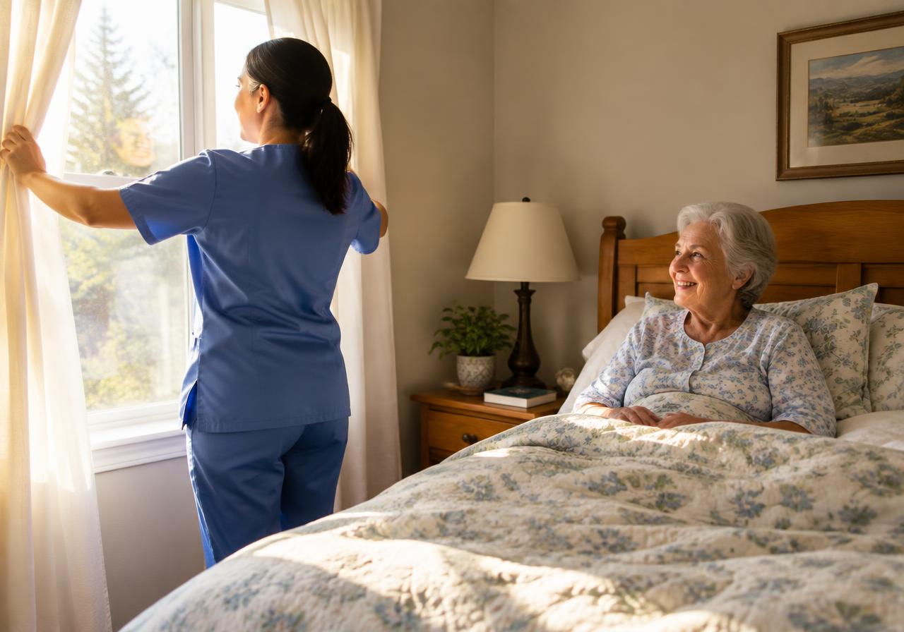 A caregiver in blue scrubs opening bedroom curtains to morning sun as an older woman smiles from her bed
